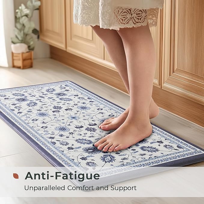 FRESHMINT Anti Fatigue Kitchen Mats for Floor 2 Piece Set, Waterproof & Non-Skid Vintage Floarl Kitchen Rugs, Cushioned Kitchen Mat for Standing Washable Comfort Desk Kitchen Runners, 17x30''+17x47''