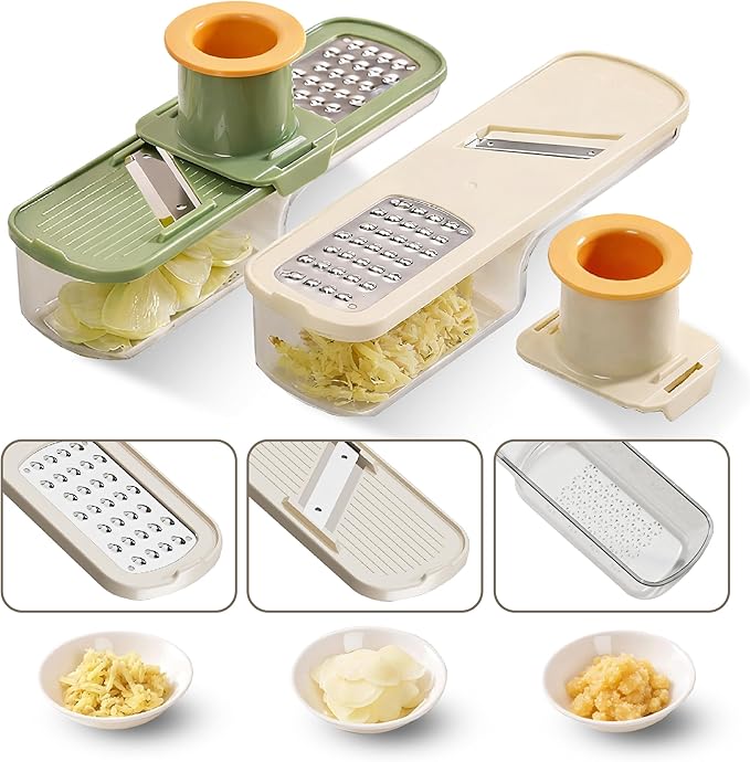 2-Pack 3 in 1 mini Ginger Garlic Grinder Super Thin, Multifunctional Mandoline slicer Grater with Hand Guard, Easy Grip Handheld Kitchen Tool, for Camping Cooking and Picnic (white&green)