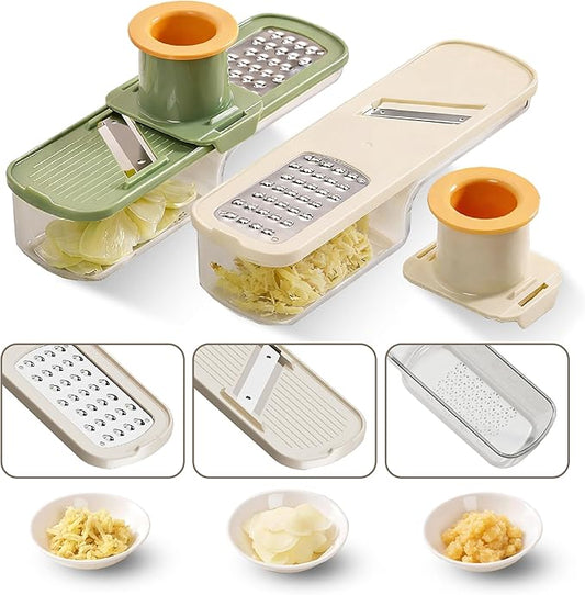 2-Pack 3 in 1 mini Ginger Garlic Grinder Super Thin, Multifunctional Mandoline slicer Grater with Hand Guard, Easy Grip Handheld Kitchen Tool, for Camping Cooking and Picnic (white&green)
