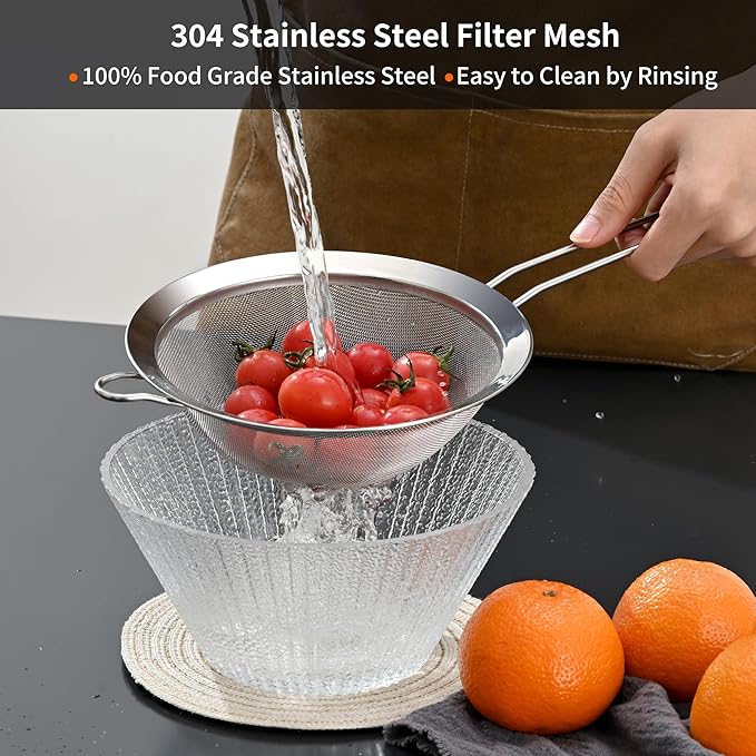 Premium 304 Stainless Steel Fine Mesh Strainer – Multi-Use Colander, Sieve, and Filter for Rice, Juice, Quinoa, Flour, Baking, Cooking, and Meal Prep – Durable, Easy-to-Clean Kitchen Tool
