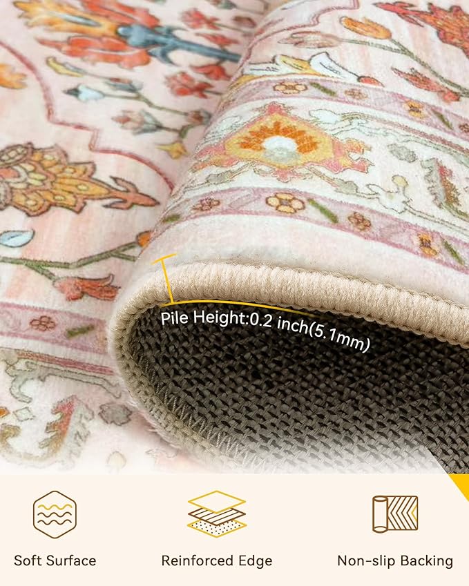 Area Rugs 3'x4' Washable Non-Slip, Floral Vintage Distress Print Pattern Medallion Carpet for Living Room Bedroom Dining Room, Light Pink Colorful