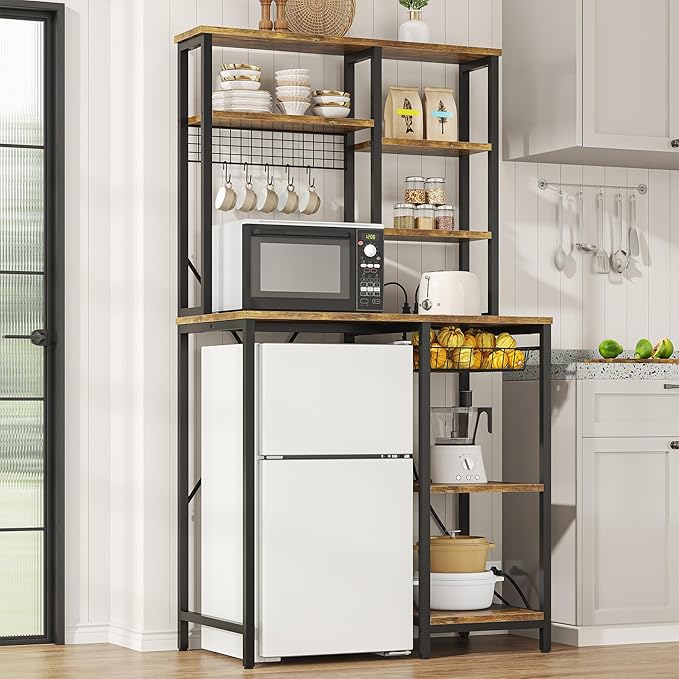 7-Tier Mini Fridge Stand with Storage, Microwave Storage Shelf with Power Outlet, Bakers Rack Stand, All in one Shelf for Dorm Kitchen Coffee Bar, Vintage Brown