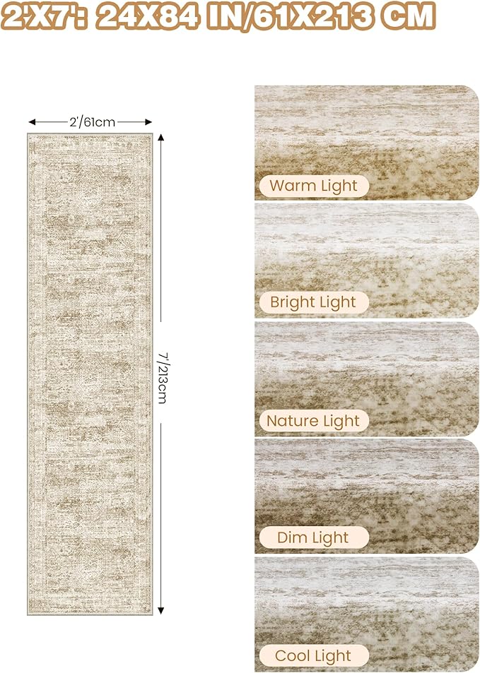 2x7 Runner Rug Non Slip, Thin Entryway Washable Rug for Entryway, Runners for Hallways, Low Pile Vintage Abstract Soft Rugs for Living Room, Kitchen, Bedroom(2'x7', Brown/Ivory)