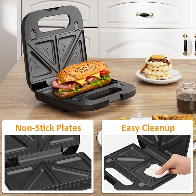 SUNVIVIPRO 3-in-1 Waffle Iron, Electric Sandwich Maker and Panini Press Grill, Non-Stick Removable Plates, Black