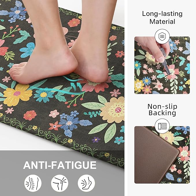 GENIMO Kitchen Mats for Floor, Cushioned Kitchen Rugs Non Slip Washable, Farmhouse Anti Fatigue Mat Waterproof, Comfort Standing Mat Rug for Office, Home, Sink, Laundry, Garage, 17.3"x70", Black
