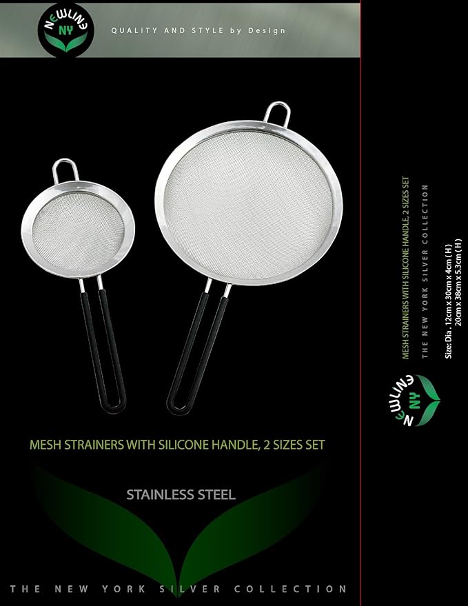 Newline NY Premium Double Stainless Steel Fine Mesh Strainers with Soft-touch Anti-slip Silicone-coated Handle 2 pcs Set