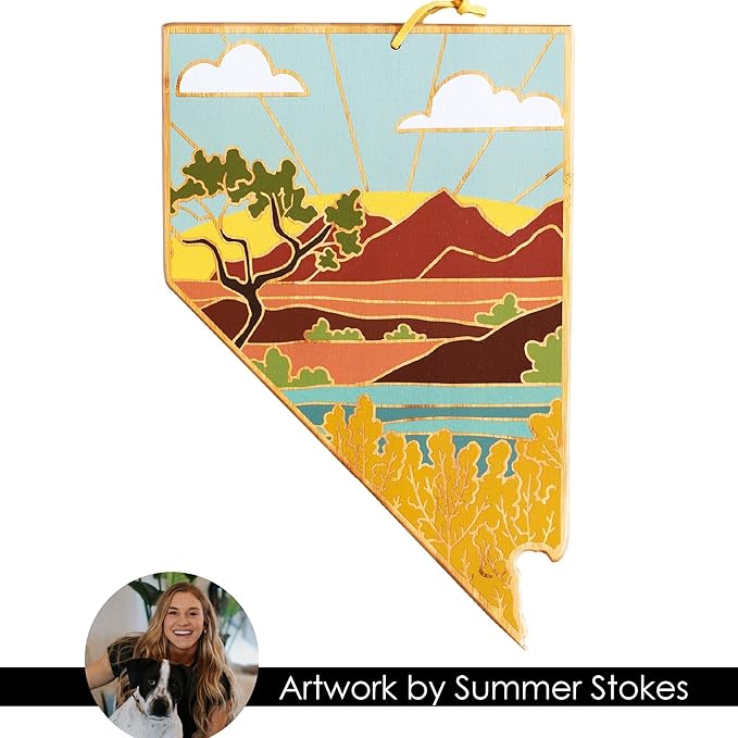 Totally Bamboo Nevada State Shaped Cutting Board and Charcuterie Serving Platter with Artwork by Summer Stokes, Includes Hang Tie for Wall Display Varies