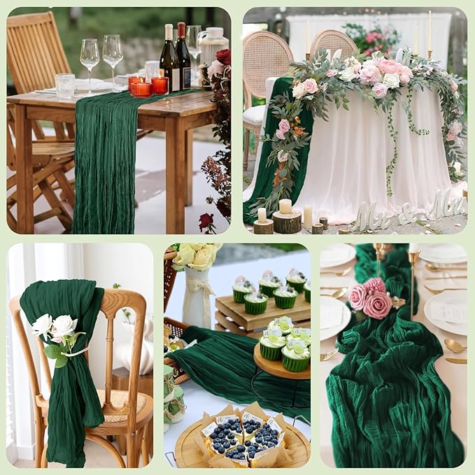 Wokceer Cheesecloth Table Runner Emerald Green 10FT Boho Gauze Christmas Cheese Cloth Table Runner for Party Long Rustic Sheer Table Runners for Baby Bridal Shower Wedding Easter Table Decor