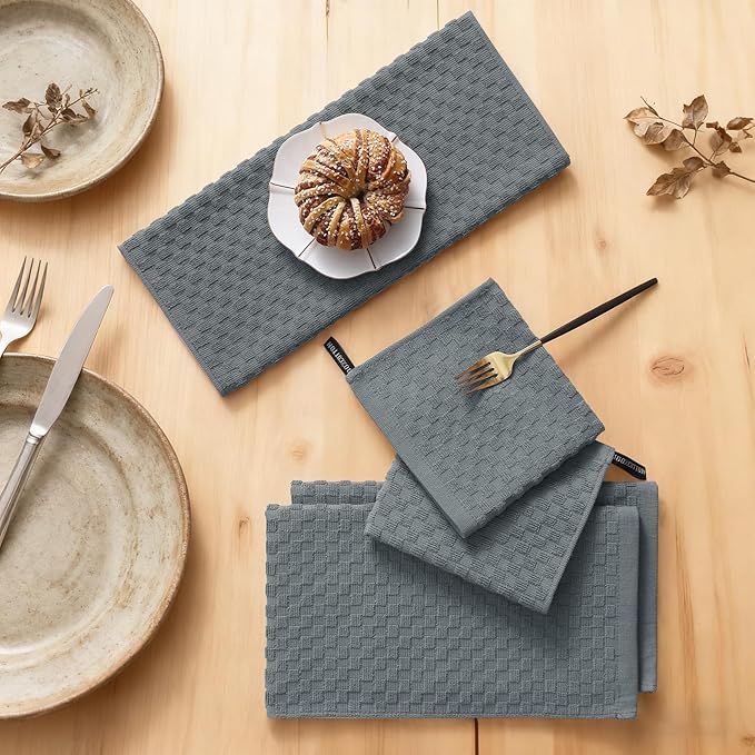 Homaxy 100% Cotton Kitchen Towels and Dishcloths Set, 12 x 12 & 15 x 25 Inches, Set of 12 Bulk Terry Cloth Dish Towels, Super Soft and Absorbent Hand Towel with Hanging Loop, Dark Grey