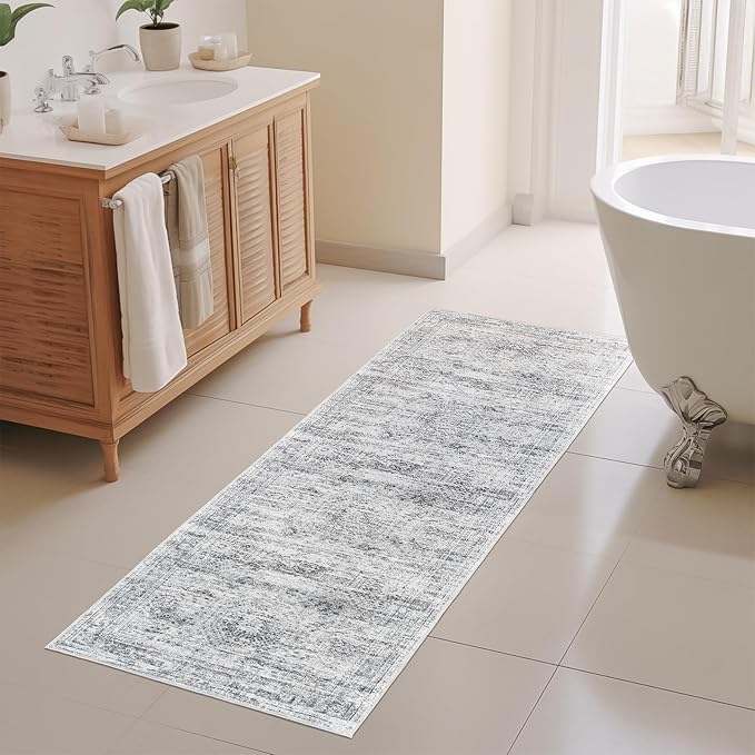Kitchen Runner Rugs Non Skid Washable - 2.5 x 10 Runner Rug with Anti Slip Backing, Ultra-Thin Soft Rug Runner for Hallway, Bedroom, Living Room (2'x10', Grey/Ivory)
