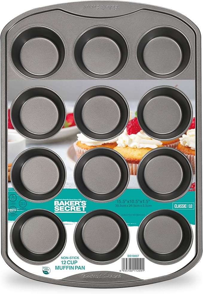 Baker's Secret 12cup Muffin Pan Cupcake Nonstick Pan - Carbon Steel Pan for Muffins Cupcakes Non stick Coating Easy Release Dishwasher Safe DIY Bakeware Baking Supplies - Classic Collection