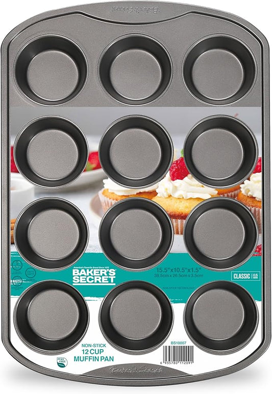 Baker's Secret 12cup Muffin Pan Cupcake Nonstick Pan - Carbon Steel Pan for Muffins Cupcakes Non stick Coating Easy Release Dishwasher Safe DIY Bakeware Baking Supplies - Classic Collection