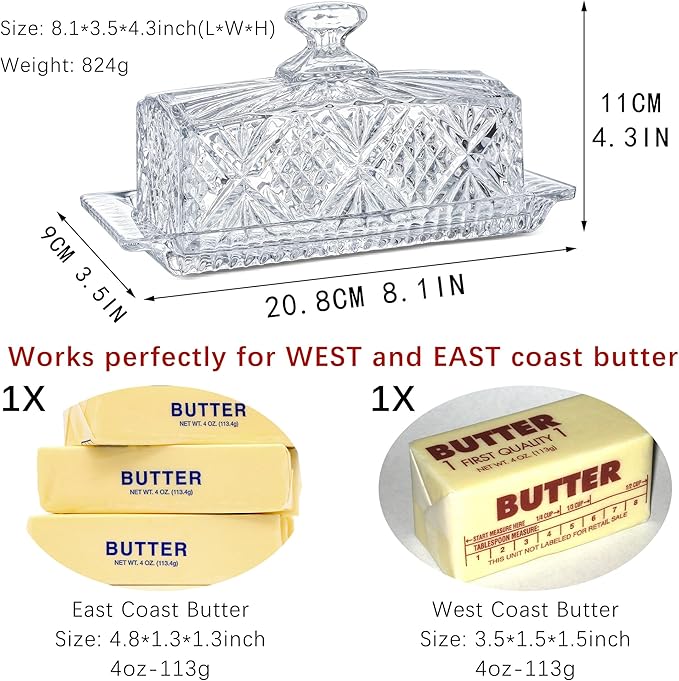 Crystal Covered Butter Dish,8inch Classic Glass 2-Piece Design Butter Keeper with Lid | Butter Holder | Dishwasher Safe