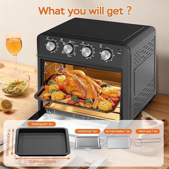 Plum chef 27.5QT 6-in-1 Air Fryer Toaster Oven Extra Large Dropdown-Door 6-Slice Convection Oven for Air Frying, Baking, Roasting, Broiling & Grilling, Stainless Steel Housing, Black