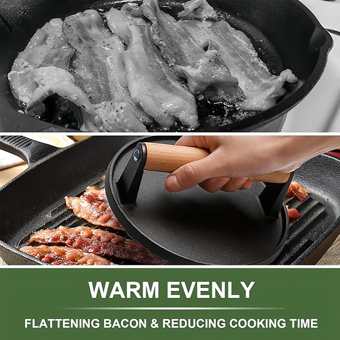 Cast Iron Grill Press with Ribbed Base, 2LB 7 Inch Round Smash Burger Press with Wood Handle, Heavy Duty Bacon Press & Meat Weight for Perfect Searing, Nonstick Kitchen Tool for Stovetop, Griddle, BBQ