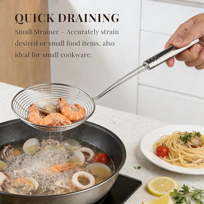 Spider Strainer Fine Mesh & Skimmer Spoon 4-Piece Set, Stainless Steel Pasta Ladle with Long Handle for Frying, Cooking and Carnitas (4.7”+5.5”+7.1”+8.7”)