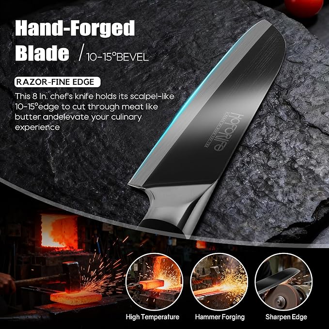 8" Santoku Knife, Japanese Hand Forged Chefs Knife High Carbon Steel Core with Black Wood Ergonomic Handle, Gift Box