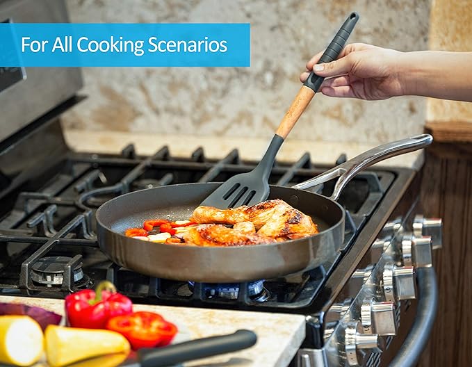 6 Pcs Cookward Silicone Cooking Utensils Set-Natural Wood Kitchen Utensils – Eco Friendly & BPA Free, Non-Scratch & Non-Stick Easy Grip -Dark gray