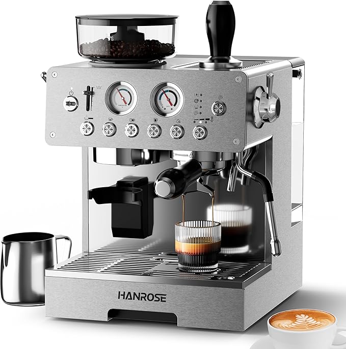 HANROSE Espresso Machine with Grinder, 20Bar Espresso Machine Stainless Steel, Coffee Machine with Milk Frother for Latte/Cappuccino, Adjustable Temperature, Independent Hot Water & Americano Function