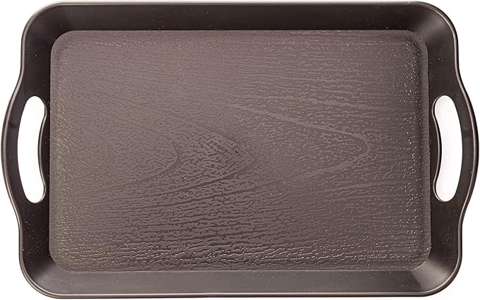 Handled Cafeteria Tray - 14" x 9" Rectangular Wood Grain Textured Plastic Food Serving TV Tray - Great for Restaurant Buffets, Diners, School Lunch, Cafe Commercial Kitchen and More (Black)