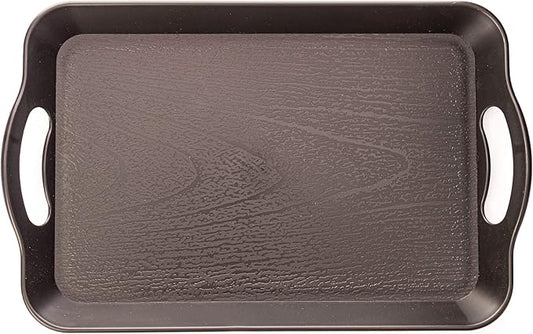 Handled Cafeteria Tray - 14" x 9" Rectangular Wood Grain Textured Plastic Food Serving TV Tray - Great for Restaurant Buffets, Diners, School Lunch, Cafe Commercial Kitchen and More (Black)