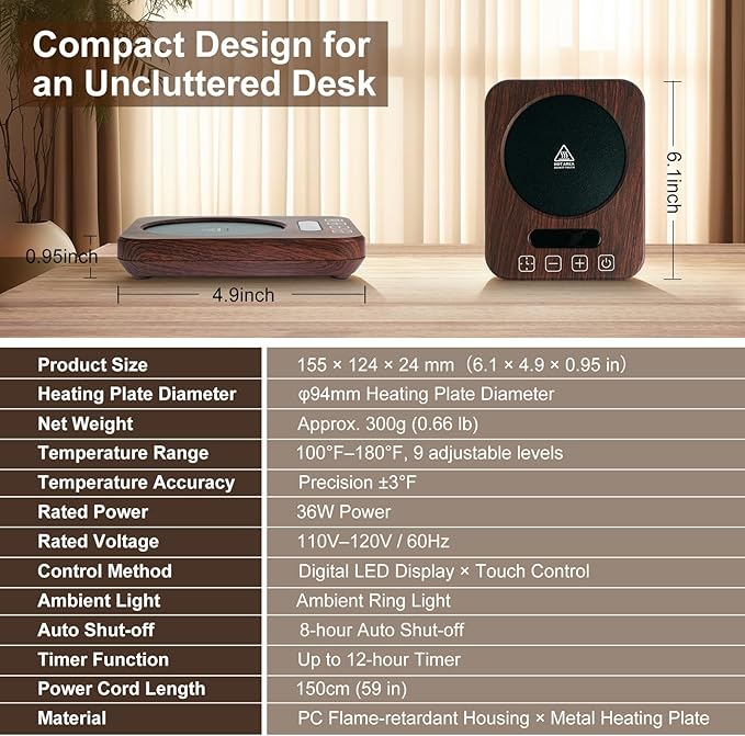 Coffee Mug Warmer with Temperature Control, 36W Electric Mug Heater, 120–180°F Adjustable Desk Cup Warmer with Timer & Auto Shut-Off, Walnut Wood-Grain Finish, for Home & Office, Valentines Day Gifts