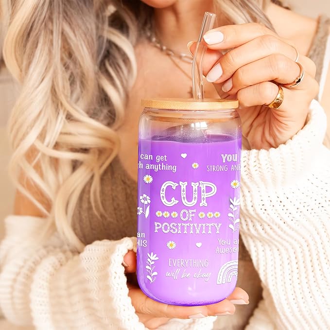 Inspiration Glass Cup 16 Oz with Lid and Straw Positive Motivational Tumbler Iced Coffee Aesthetic Cups Birthday Mothers Day Christmas Inspirational Gifts for Women Mom Teachers Friends