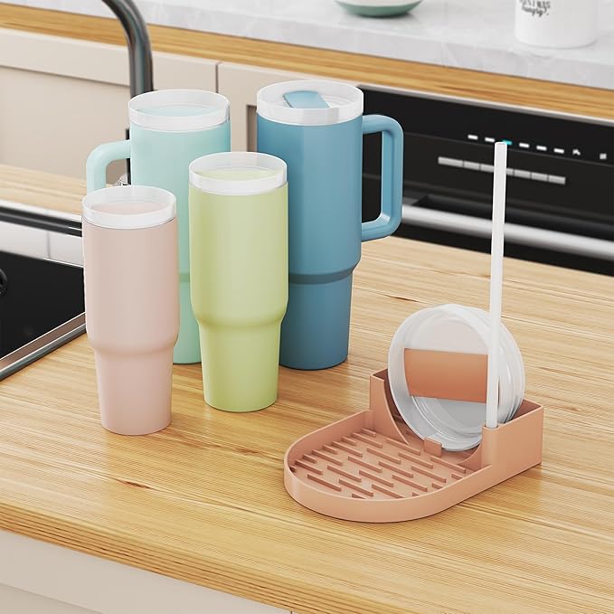 NiHome Silicone Water Bottle Drying Rack Compatible with Stanley Tumblers 20-40oz,Mugs, Wine Glasses, Compact Portable Cup Dryer Stand with Anti-Slip Base for Countertops, RVs & Travel (Cream Pink)