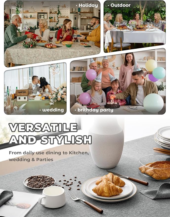 Faux Linen Farmhouse Table Cloth 60"x84" for 4-6 ft Rectangle Table, Cool Grey Waterproof Outdoor Washable Cloth Tablecloth for Rectangular Dining Room Kitchen Outdoor Party Restaurant Table