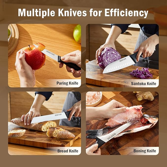 KINGSTONE 14-Piece Knife Block Set, Precision-Honed High-Carbon Stainless Steel Knives with Long-Lasting Sharpness, Ergonomic Balanced Handles for Home & Serious Cooks, Black