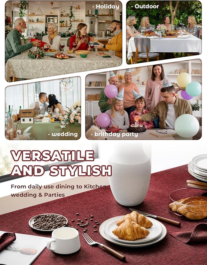 Faux Linen Farmhouse Table Cloth 60"x84" for 4-6 ft Rectangle Table, Burgundy Waterproof Outdoor Washable Cloth Tablecloth for Rectangular Dining Room Kitchen Outdoor Party Restaurant Table