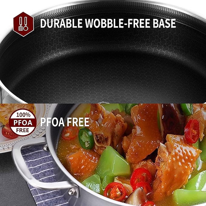 LOLYKITCH 6 QT Hybrid Tri-Ply Stainless Steel Non-Stick Sauté Pan with Lid,12 Inch Deep Frying Pan,Large Skillet,Jumbo Cooker,Induction Pan, Oven Safe and Detachable Handle.