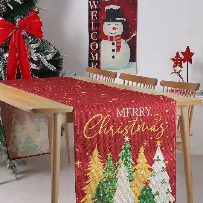 Christmas Table Runner Linen Red Snowflake Winter Table Runners with 8 Colorful Trees,Xmas Dinner Holiday Theme Table Kitchen Dining Table Decor （13 x 72 Inch）