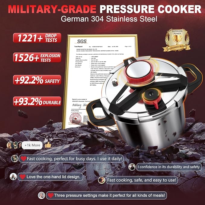 3-In-1 304 Stainless Steel Pressure Cooker 6.3 Quart: [Explosion-Proof] [3 PSI Settings], One-Hand Locking Pressure Canner, Induction Compatible, Glass Lid & Steamer Rack Included, Olla de Presion