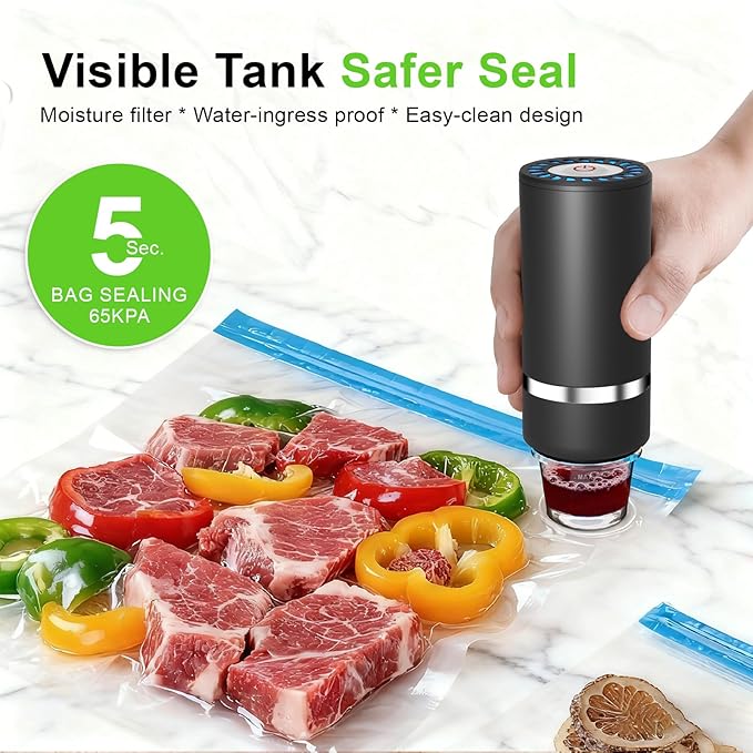 Handheld Vacuum Sealer for Food,Mason Jar Vacuum Sealer + 4Wine Vacuum Stopper +10 Reusable Vacuum Bags,Mini Small Vacuum Sealer Bags for Home,Kitchen,Travel,Fridge Meal Prep,Camping - Black