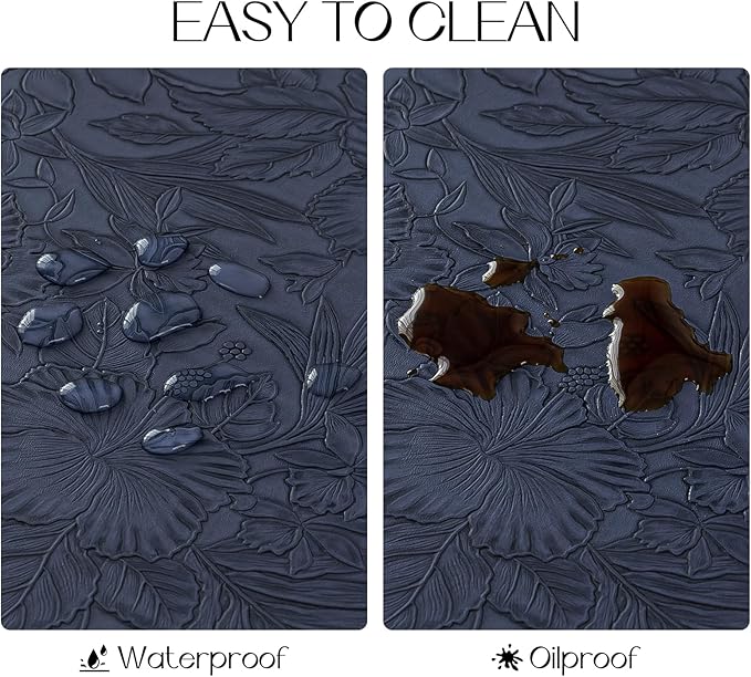 Romanstile Vinyl Placemats Set of 6-12 X 17 Inch - Heat Resistant Non-Slip Embossed Floral Place Mats 100% Waterproof Oilproof Wipeable Faux Leather Table Mats for Kitchen/Dining/Party, Navy Blue