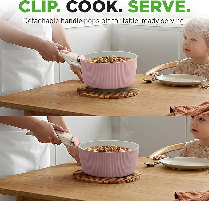 NutriChef 18-Piece Ceramic Cookware Set with Detachable Handles, Non Stick Pots and Pans, PTFE-Free Natural Ceramic Coating, Space-Saving Design, Oven & Stove Safe, Includes Utensils, Cream