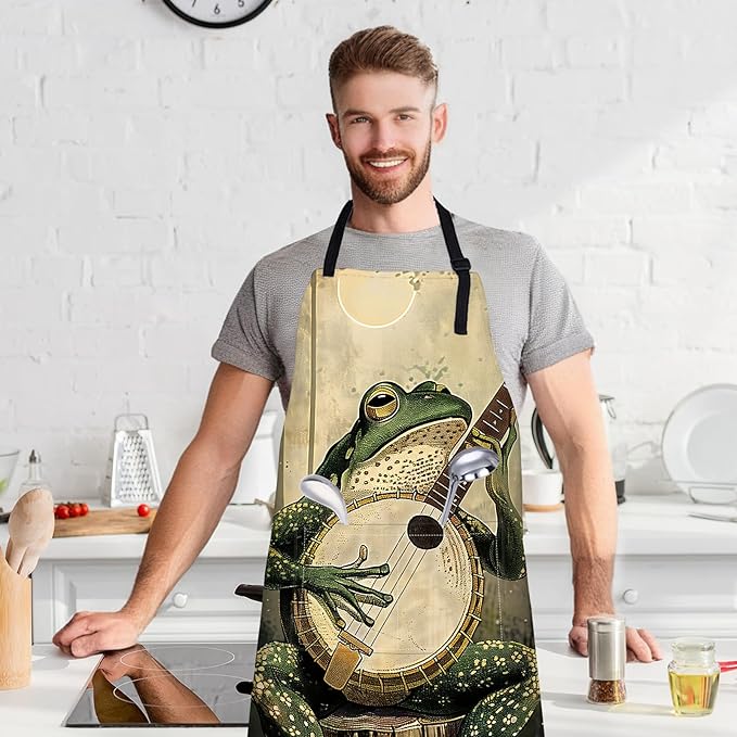 Banjo Playing Frog Apron with Adjustable Neck Strap,Woodland Musical Kitchen Aprons with 2 Pockets for Women,28x33in,Oxford Fabric,Gifts for Wife Mom,For Chef Cooking Baking Gardening BBQ