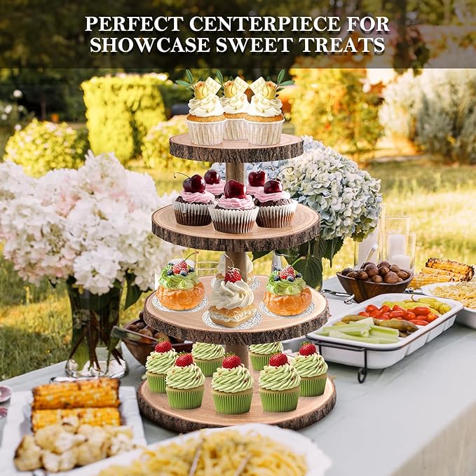 Cupcake Stand Wood Dessert Stands 4 Tier Cupcake Tower Large Cupcake Display Stand Rustic Cupcake Tier Stand for Woodland Baby Shower Decorations/Wedding/Birthday/Party/Farmhouse Decor