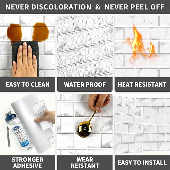 URCOLOR 10-Sheet Backsplash Tile for Kitchen Peel and Stick,12"x12" Self Adhesive Wall Tiles on Back Splashes for Bathroom White Marble Look