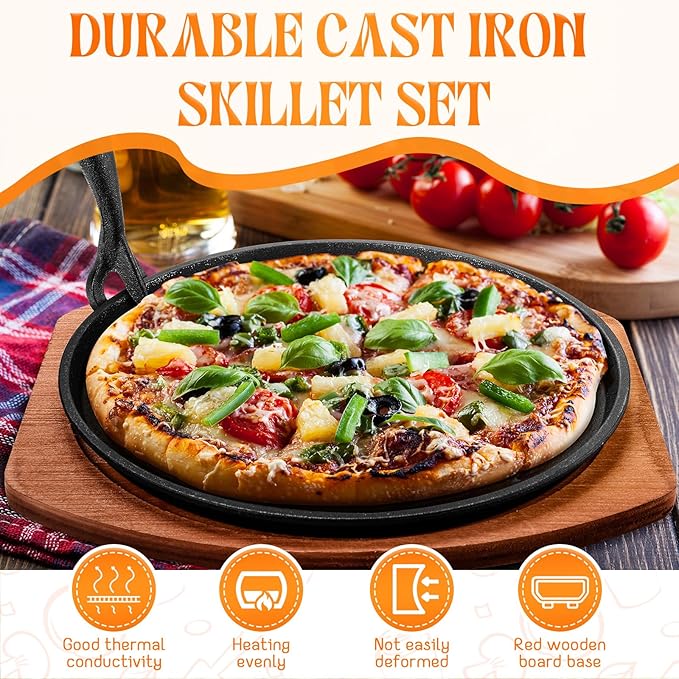 Mimorou 6 Sets Cast Iron Fajita Plate Set 9.84'' Steak Plate Sizzling Pan with Wooden Base and Gripper for Home Restaurant Kitchen Catering Cooking for Grilling Meats Seafood