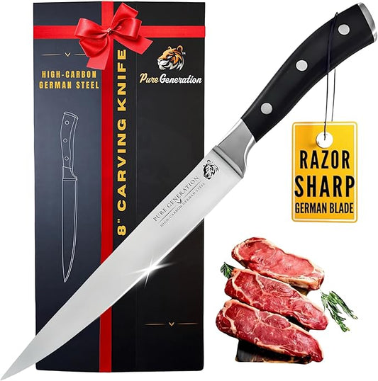 8" Carving Knife for Meat – Butcher Knife, Razor Sharp German Steel Slicing Knife with Ergonomic Handle for Turkey, Ham, Fruits, and Meat Cutting