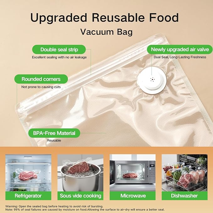 Vacuum Sealer for Food, Premium Stainless Steel Cordless Vacuum Sealer Machine with 10 Reusable Vacuum Bags, Compact Handheld Food Preservation System for Kitchen, Long-Lasting Freshness