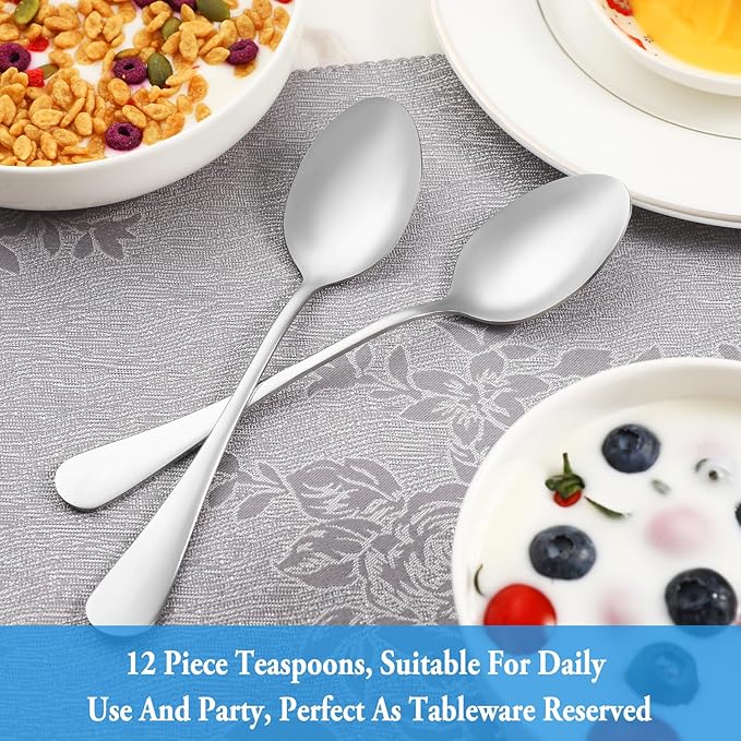 12 Piece Teaspoons Set,Food Grade Stainless Steel Tea Spoons,Durable Small Spoon,Metal Dessert Spoon,Spoons Silverware for Home,Kitchen or Restaurant,Mirror Polished & Dishwasher Safe,6.7-Inch
