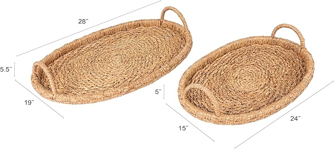 Bloomingville Decorative Handwoven 24" & 28" Oval Seagrass & Rattan Trays with Handles (Set of 2 Sizes)
