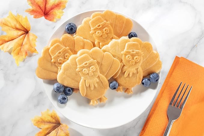 Thanksgiving Turkey Mini Waffle Maker- Make Holiday Breakfast Special for Kids, Adults w Cute Design, 4" Waffler Iron Electric Nonstick Appliance- Fun Festive Fall Gift Dessert, Friendsgiving Brunch