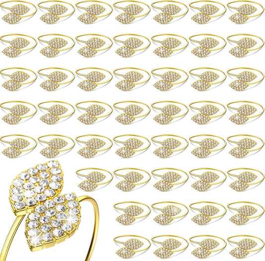 Hotop 48 Pcs Gold Napkin Rings Gold Table Decorations, Elegant Bling Leaves Napkin Rings, Rhinestone Guest Towels Buckle for Holiday Gather Party, Wedding Dinner Banquet Table Decoration