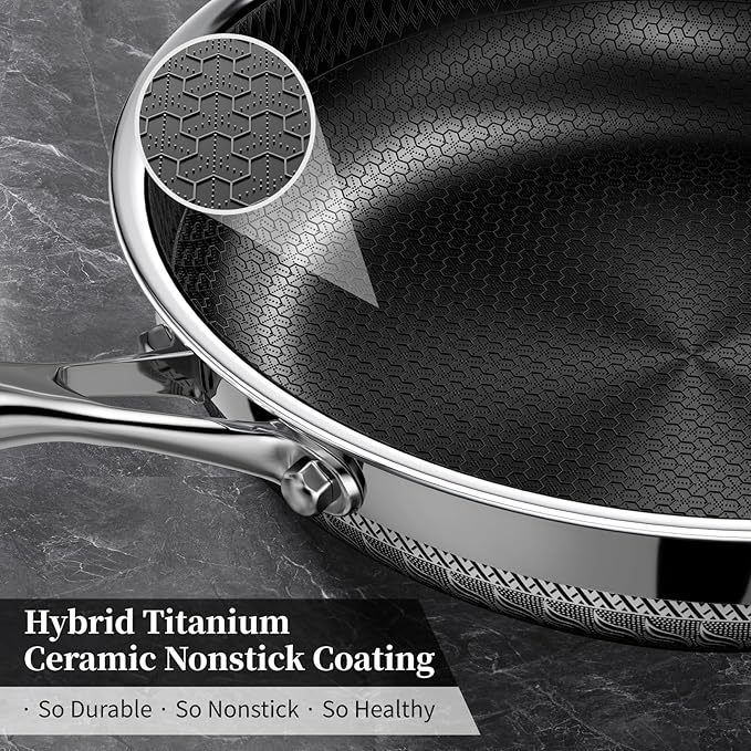 8 Inch Nonstick Frying Pan with Lid, Titanium Ceramic Tri-Ply Stainless Steel Non Stick Skillet W/Lid Small Hybrid Cooking Pan Healthy Induction Egg Frying Pan W/Stay Cool Handle, PFAS/PFOA/PTFE Free
