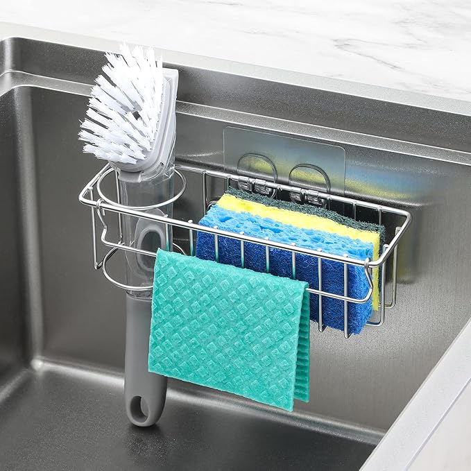 3-In-1 Sponge Holder for Kitchen Sink with Suction Cups & Adhesive Hook , In-sink Sponge Holder, Wall Hanging Sink Organizer Rack - Sponge, Dish Cloth, Brush, Scrubber - 304 Stainless Steel