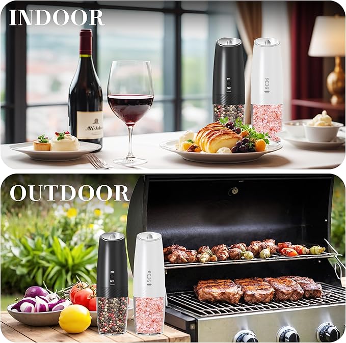Rechargeable Electric Salt and Pepper Grinder Set, Gravity Activated, Adjustable Coarseness, LED Light, USB Charging, Ceramic Core, 150ml Transparent Hopper, Black + White